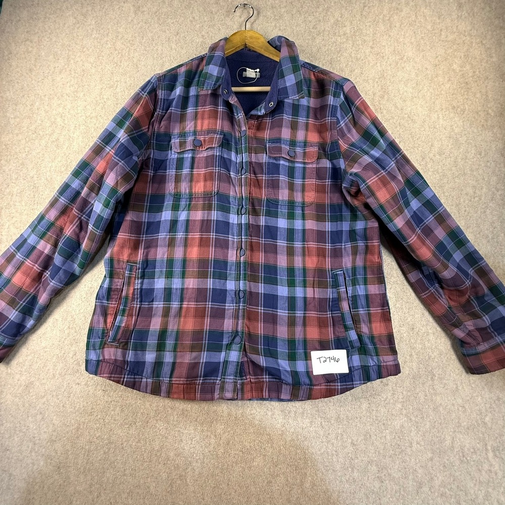 LL Bean Fleece Lined Flannel Shirt Jacket Mens Medium Purple Plaid Snap Front